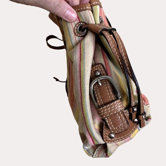 Fossil Canvas Leather Wood Satchel Purse Bag Double Handle Stripe bv - Picture 6 of 11